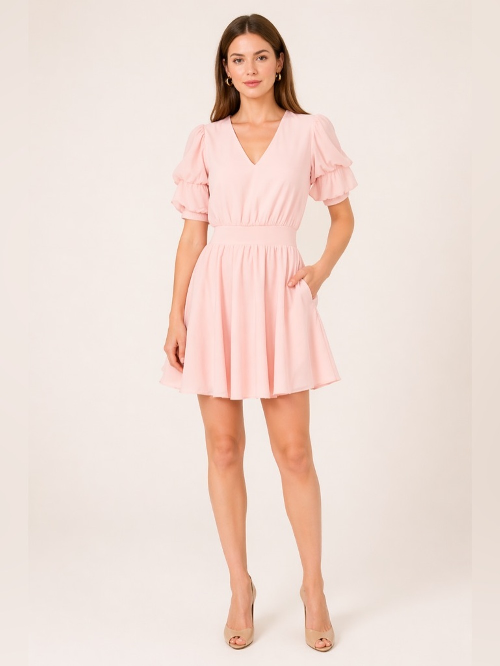 1. State Light Pink V-Neck Short Ruffle Sleeve Mini Dress